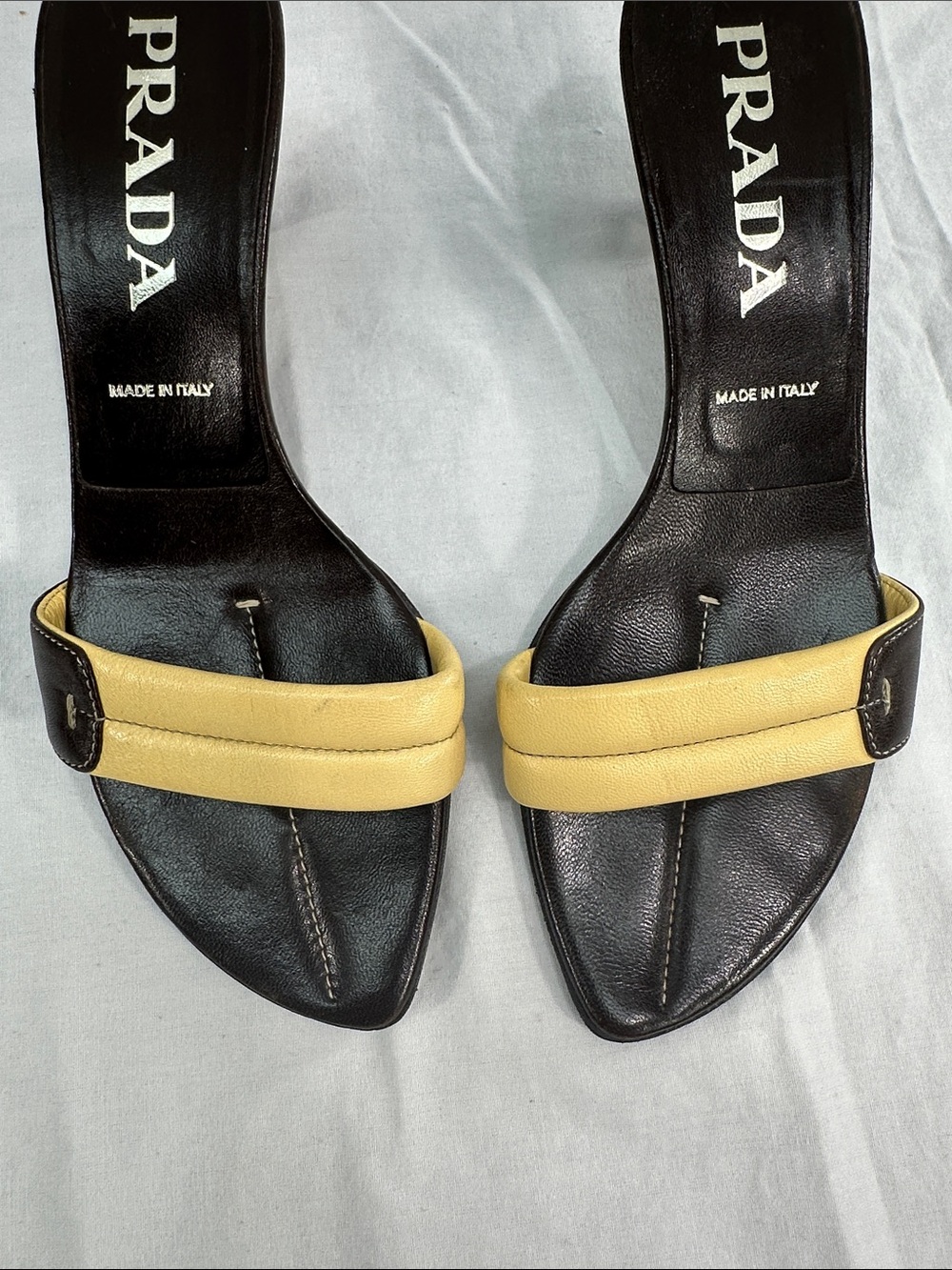 Vintage Prada Leather Mules Kitten Heel Sz 36 US 6 Brown/Tan Slip On Sandals - Picture 12 of 12